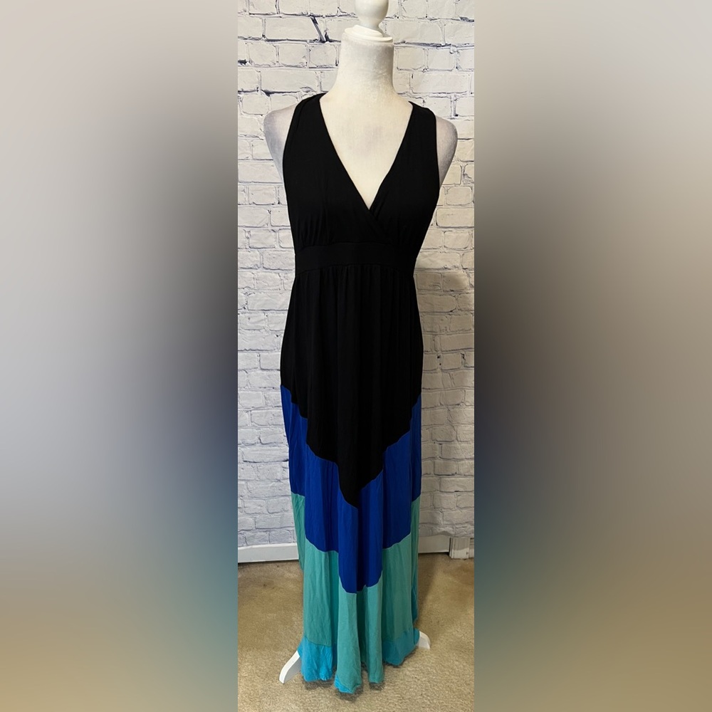INC International Concepts Black Blue Green Colorblock Maxi Dress